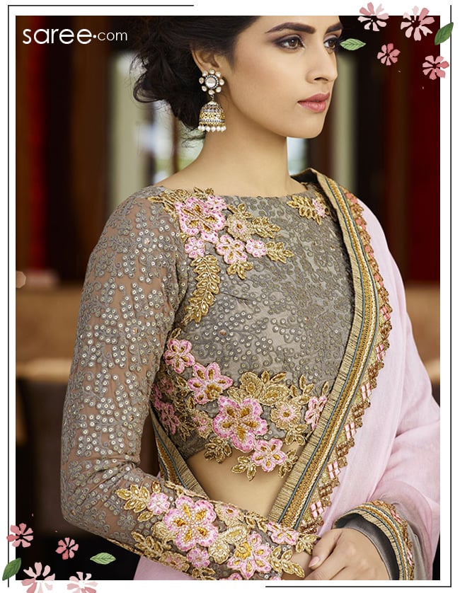 Grey and Pink Silk Saree with Resham Embroidey Work - 15