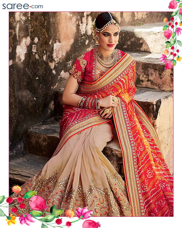 Orange and Beige Silk Saree with Embroidery Work - Image 2
