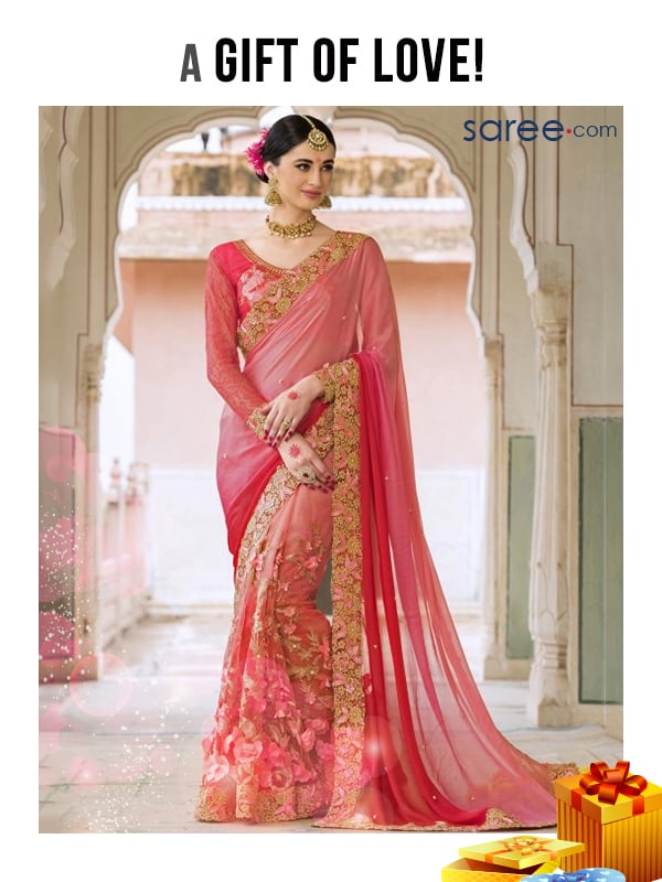 Pink Silk Saree with Embroidery Work - a gift of love