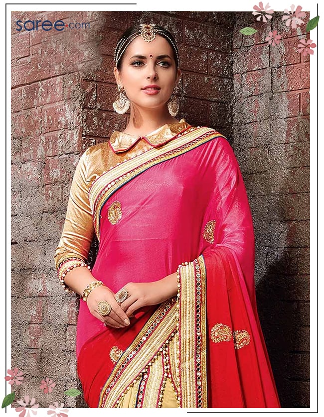 Red and Beige Satin Chiffon Saree with Embroidery Work - 10