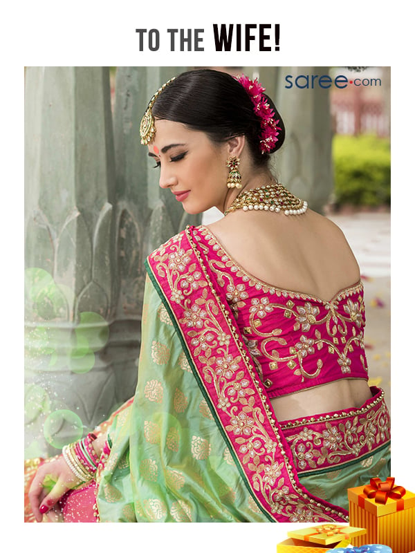 TO THE WIFE - Green and Pink Jacquard Saree with Embroidery Work
