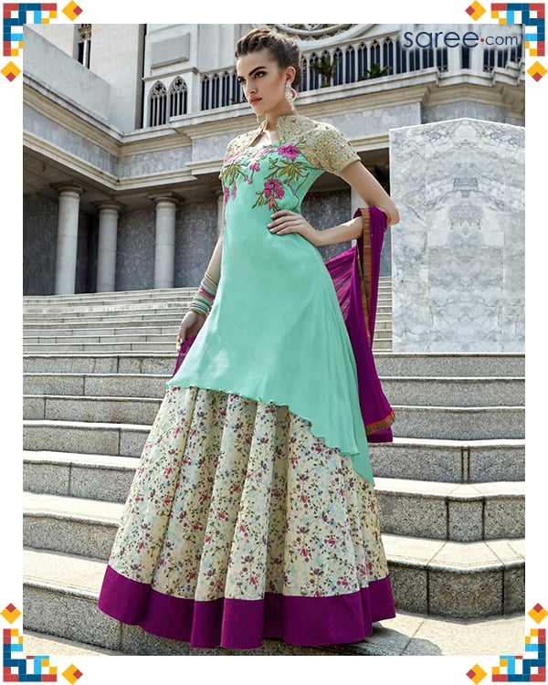 Green Georgette Suit with Zari Embroidery Work-LEHENGA-SUIT - 2