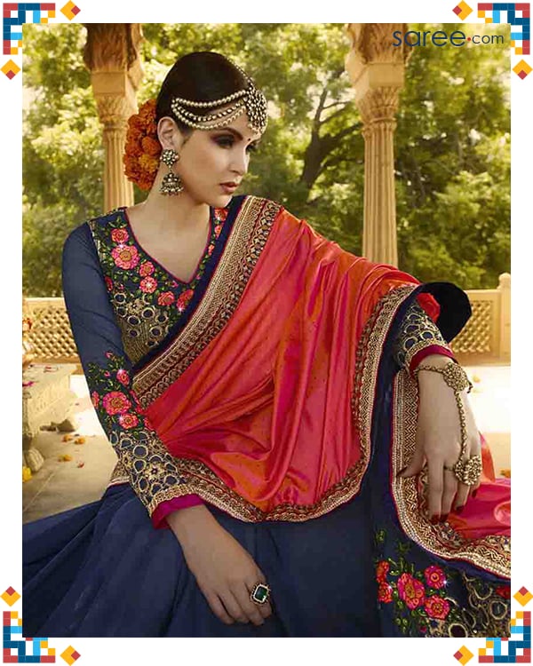 Pink and Blue Crepe Silk Saree with Embroidery Work - ADD A JAZZY BLOUSE - 6