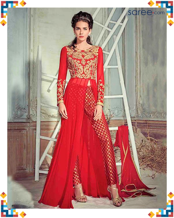 Red Georgette Suit with Embroidery Work - OR WEAR FANCY PANTS - 5