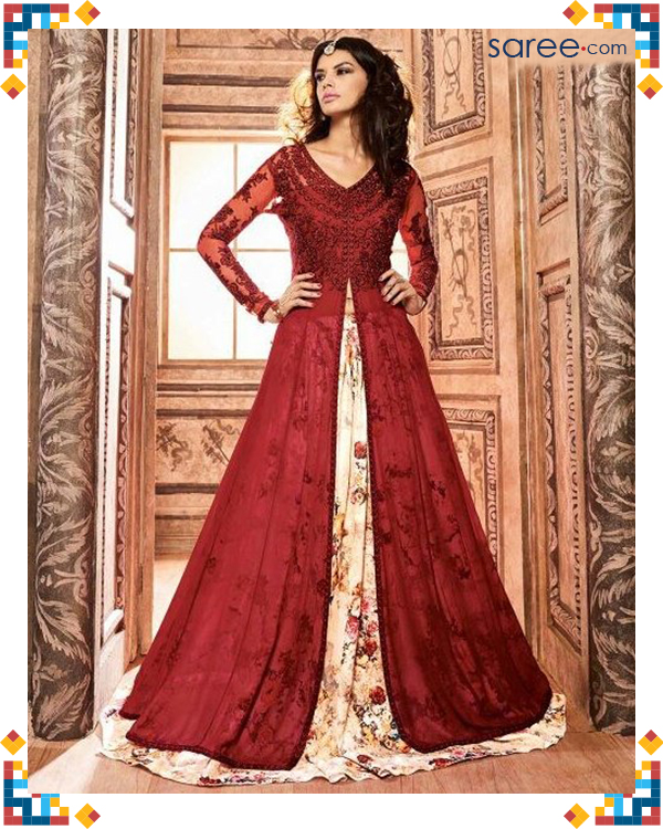 Red Pure Silk Suit with Embroidery Work - DRESS UP A SPECIAL SKIRT - 3