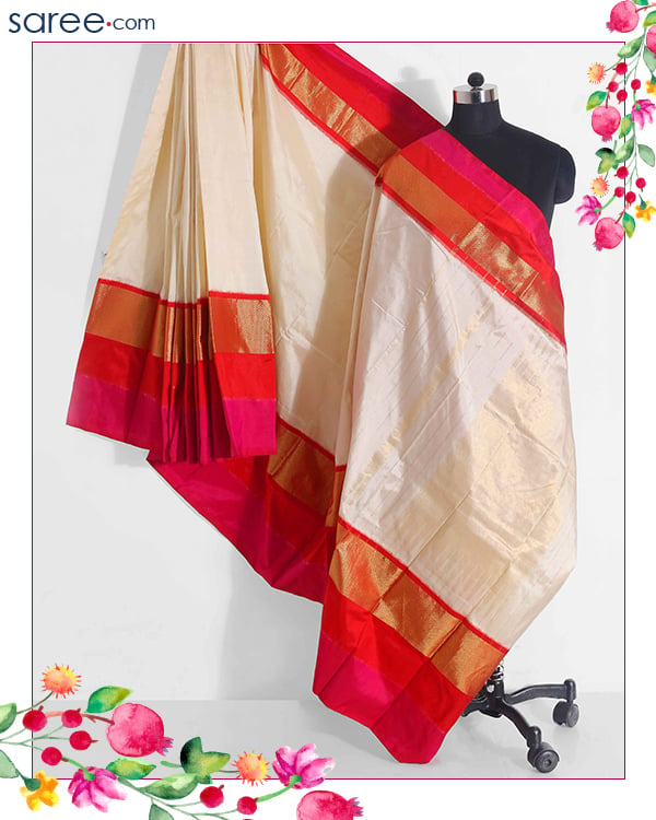Cream and Red Kanjivaram Silk Saree with Zari Work - image 14