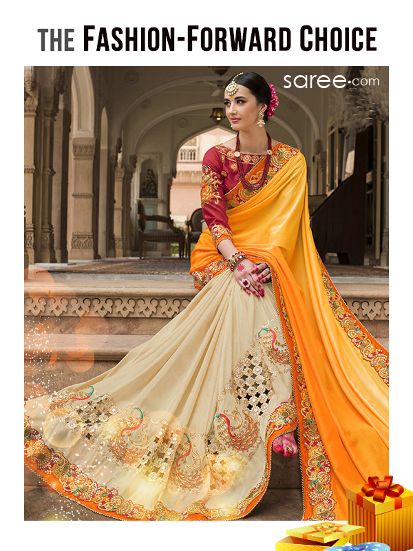 FASHION FORWARD CHOICE - Yellow and Beige Silk Saree with Embroidery Work