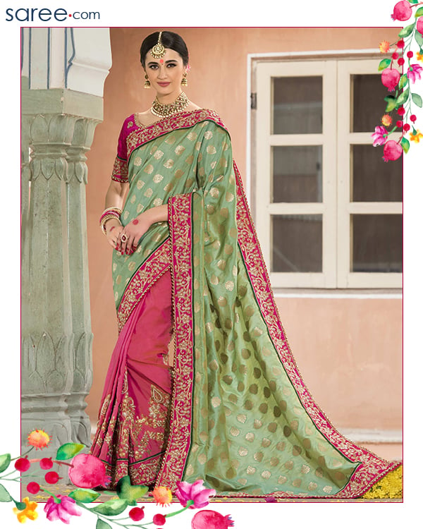Green and Pink Jacquard Saree with Embroidery Work - Image 1