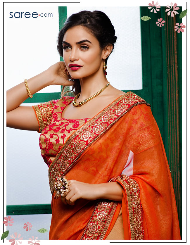 Orange and Cream Georgette Saree with Embroidery Work - 14