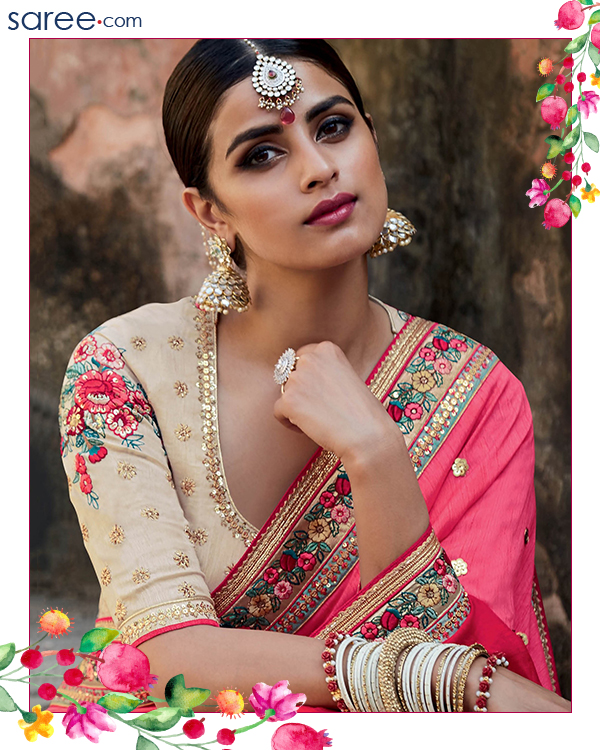 Pink and Cream Silk Saree with Embroidery Work - Image 6