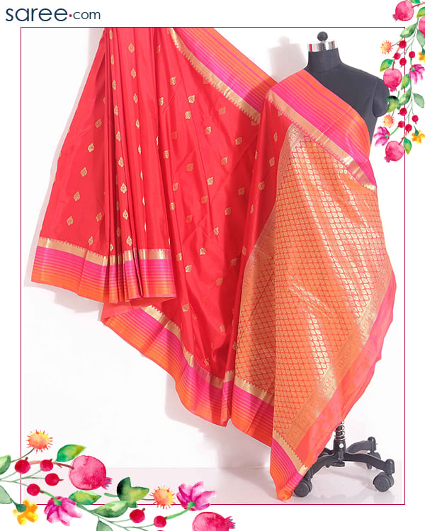 Red and Orange Kanjivaram Silk Saree with Zari Work - image 15