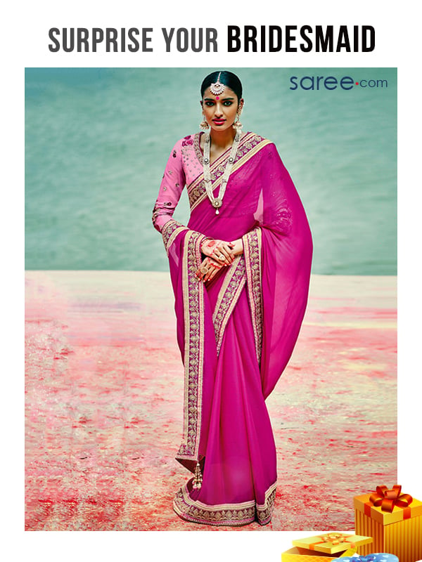 Surprise your bridesmaids - Pink Silk Georgette Saree with Lace Work