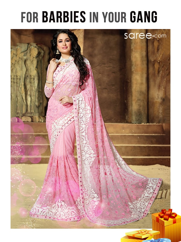 barbies in your gang - Pink Net Saree with Resham Work