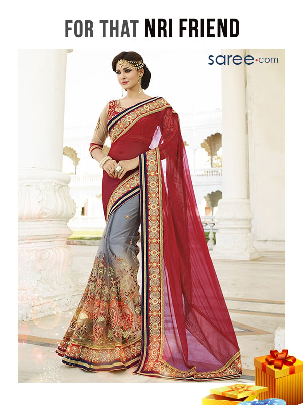 for that NRI friend - Red and Grey Georgette Saree with Embroidery Work