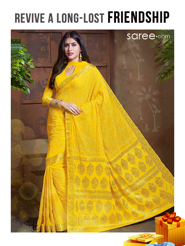 revive a long lost friendship - Yellow Chiffon Saree with Embroidery Work