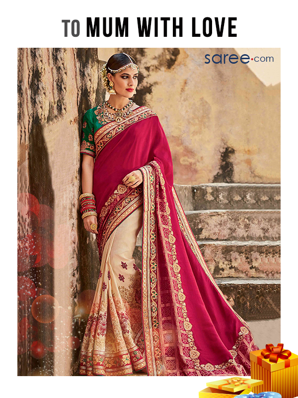 to mum with love - Red and Cream Jacquard Saree with Embroidery Work