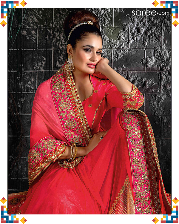 Pink and Beige Chiffon Saree with Resham Work- LET YOUR HAIR DO THE TALKING - 8