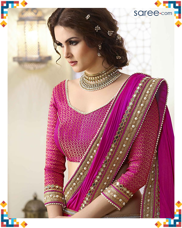 Pink and Beige Silk Saree with Embroidery Work - 9