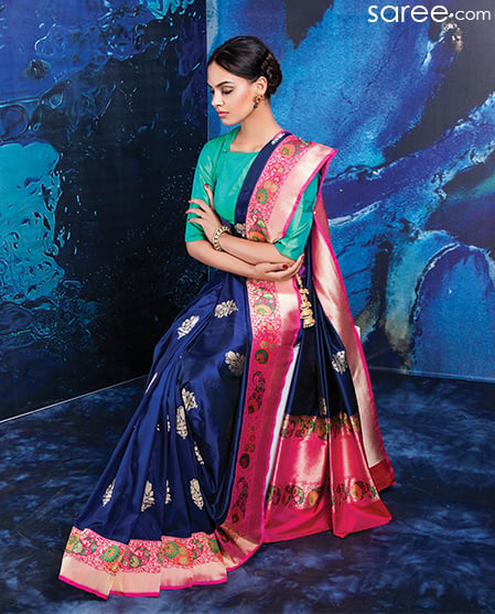 Blue and Pink Banarasi Brocade Silk Saree - 13