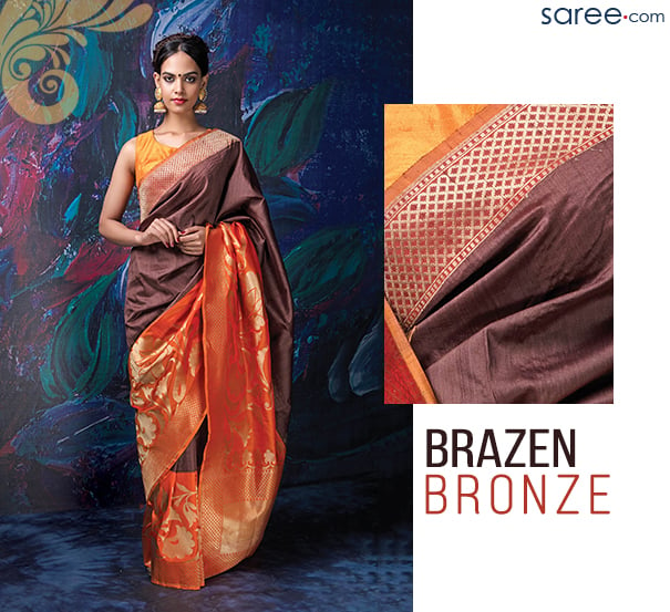 Orange and Brown Banarasi Brocade Silk Saree -1-Brazen Bronze