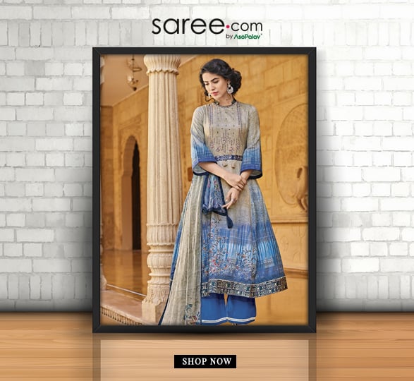 Grey and Blue Cotton Printed Anarkali Suit with Slim Palazzo