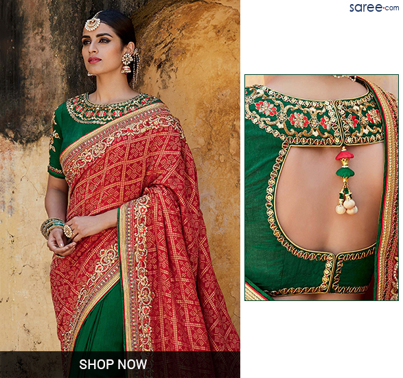 Red and Green Jacquard Saree with Embroidery Work - 2