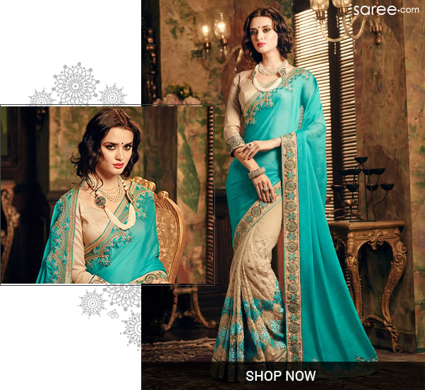 Sea Green and Beige Chiffon Saree with Embroidery Work - 11