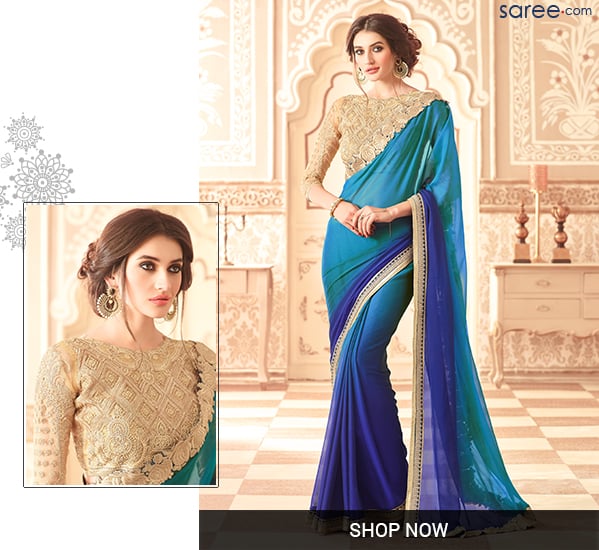 Sea Green and Blue Chiffon Saree with Embroidery Work - 3