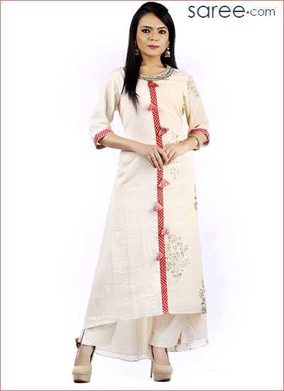 Cream Cotton Silk Suit with Sequins Work - 4