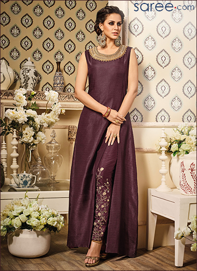 Purple Silk Indo Western Suit with Embroidery Work - 5
