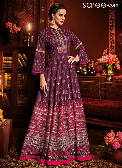 Purple Silk Suit with Zari Embroidery Work - 1