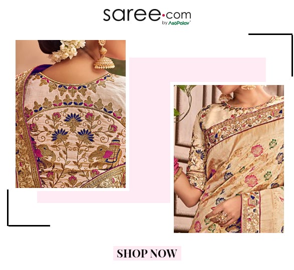 Beige Banarasi Silk Saree With Embroidered Blouse