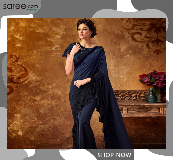 Navy Blue Ombre Lycra Tiered Ruffle Saree with Designer Blouse