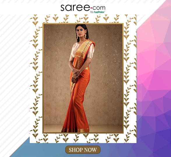 Orange And Golden Art Silk Plain Saree With Zari Weaving
