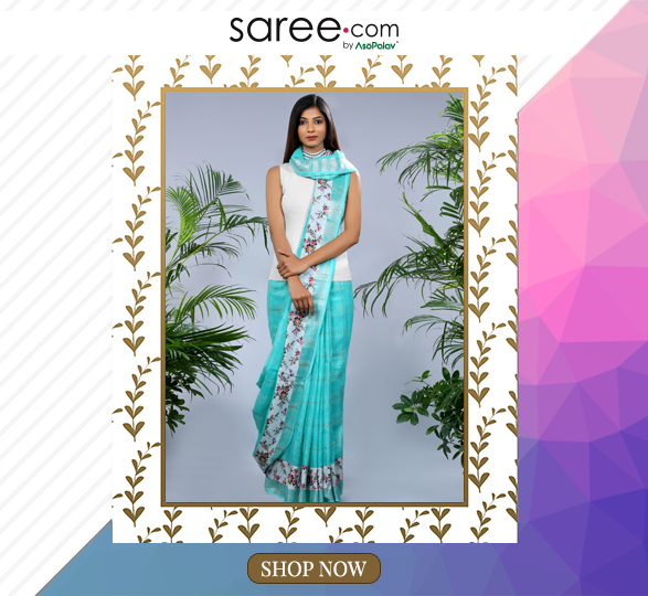 Surf Green Linen Saree With Floral Print