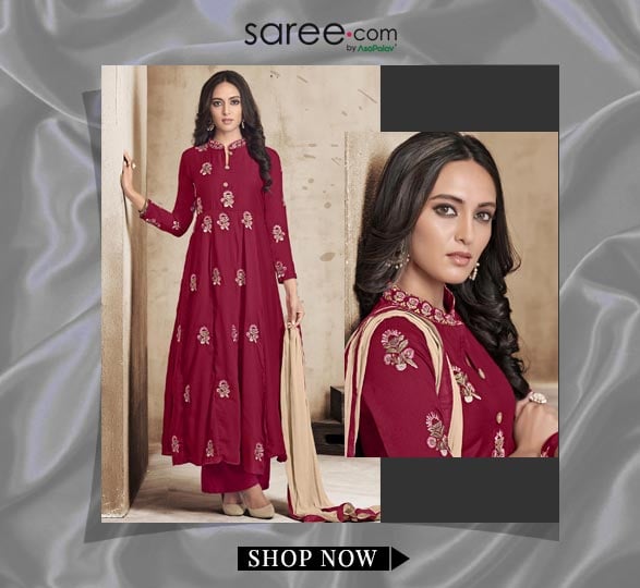 Maroon Muslin Silk Palazzo Suit With Resham Embroidery