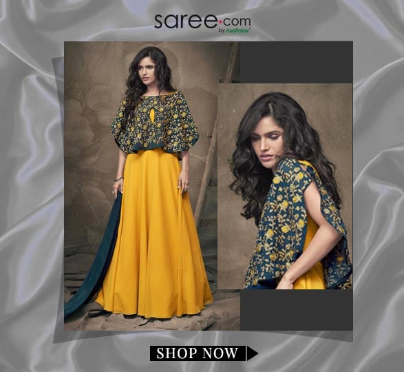 Yellow And Peacock Blue Taffeta Silk Designer Anarkali Suit With Poncho