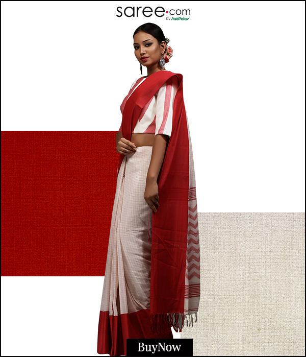  White and Red Linen Saree