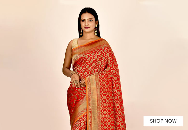 Red Silk All Over Woven Saree with Golden Border and Pallu