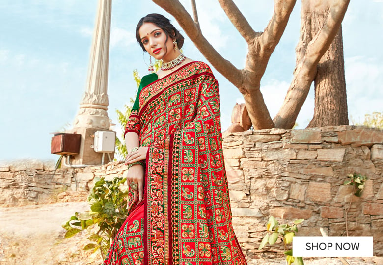 Red Satin Silk Checks Embroidered Saree