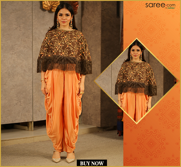 3 Piece Peach Satin Dhoti Suit With Chocolate Brown Blouse And Fringed, Embroidered Poncho