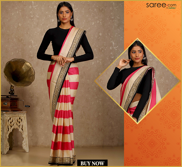 Cream And Pink Tussar Silk Saree With Lace