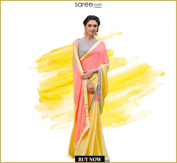Pink And Yellow Georgette Plain Saree With Designer Long Blouse