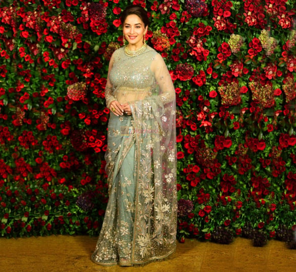 Madhuri Dixit in Blue Coloured Floral Net Saree at DeepVeer Reception