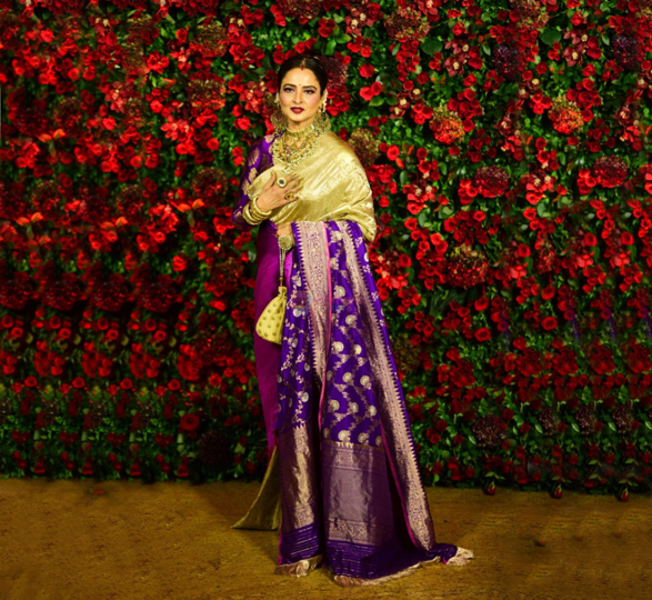 Rekha in Golden and Purple Kanchipuram Silk Sari at DeepVeer Reception