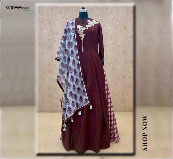 Brown Cotton Silk Anarkali Suit with Zardosi Patch Work