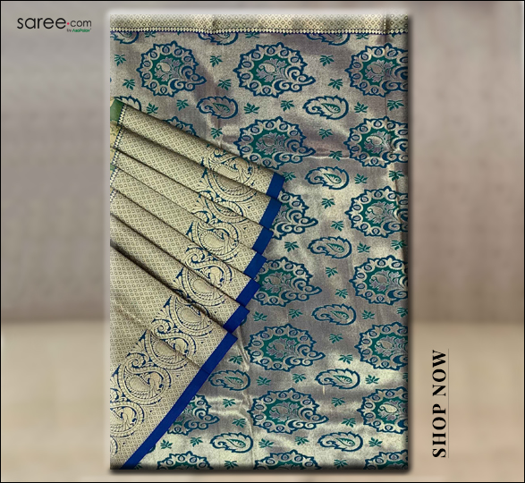 Green Woven Saree with Blue Broad Border