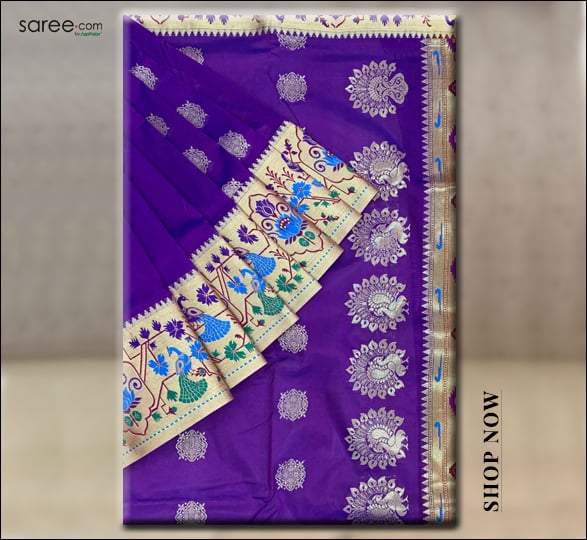 Purple Traditional Art Silk Saree With Peacock Motif Weaving