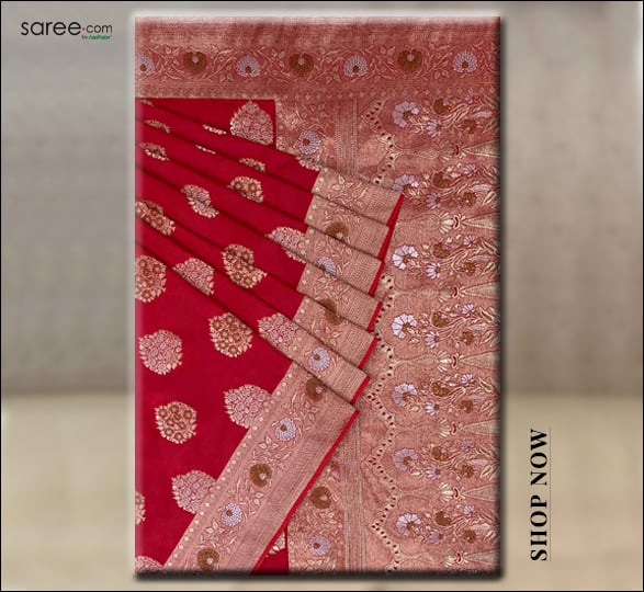 Red Banarasi Silk Saree with Floral Weaving Border