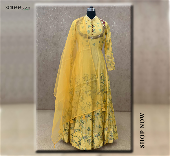 Yellow Cotton Silk Anarkali Suit With Multi Colored Resham Embroidery
